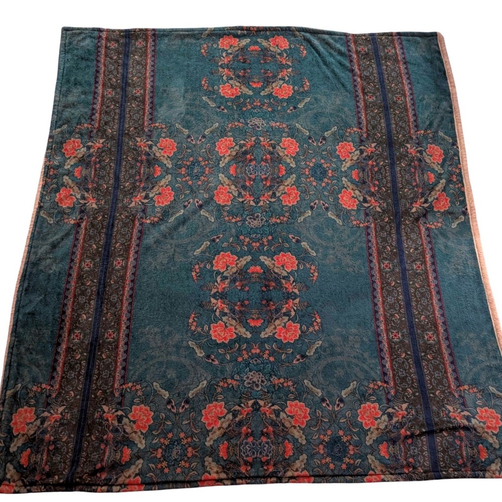 Johnny Was Reversible Floral Patchwork Cozy Blanket Teal Grey Navy Plush Throw